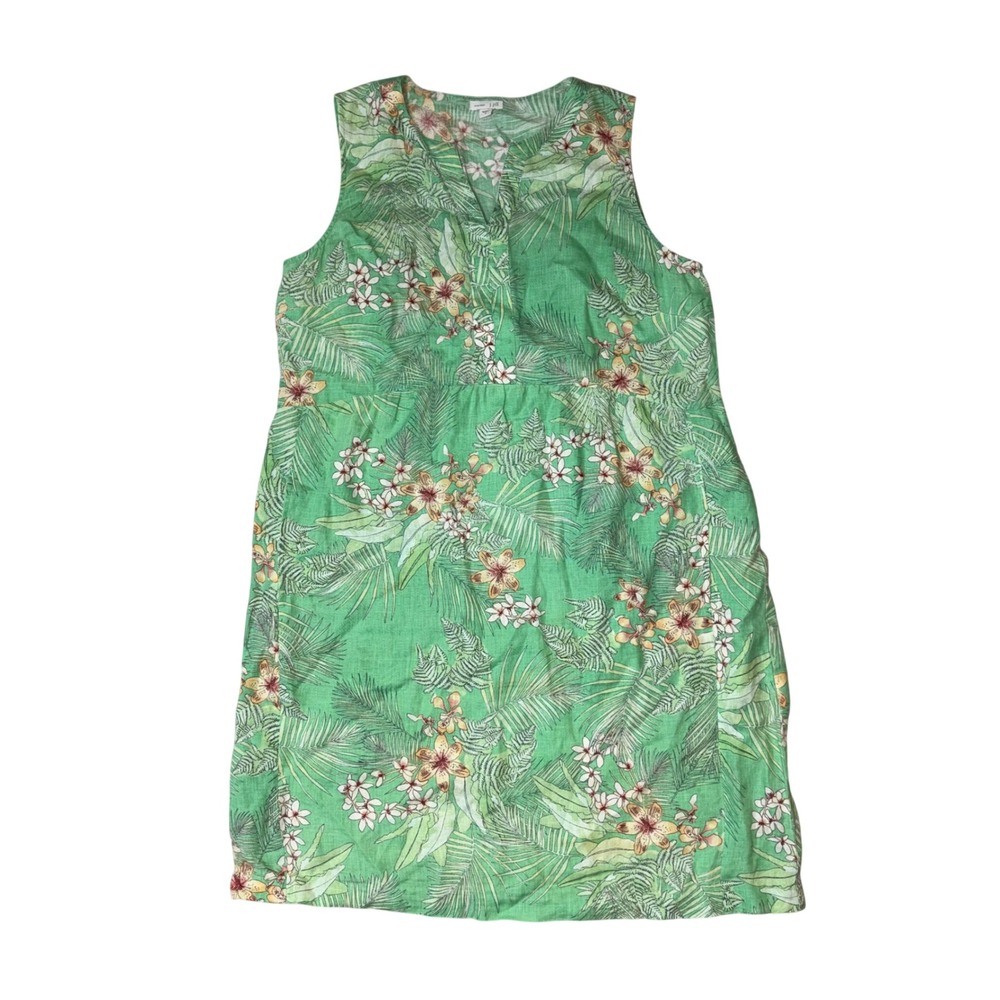 J. Jill Love Linen Green Tropical Floral‎ Sleeveless V-Neck Shift Dress Medium